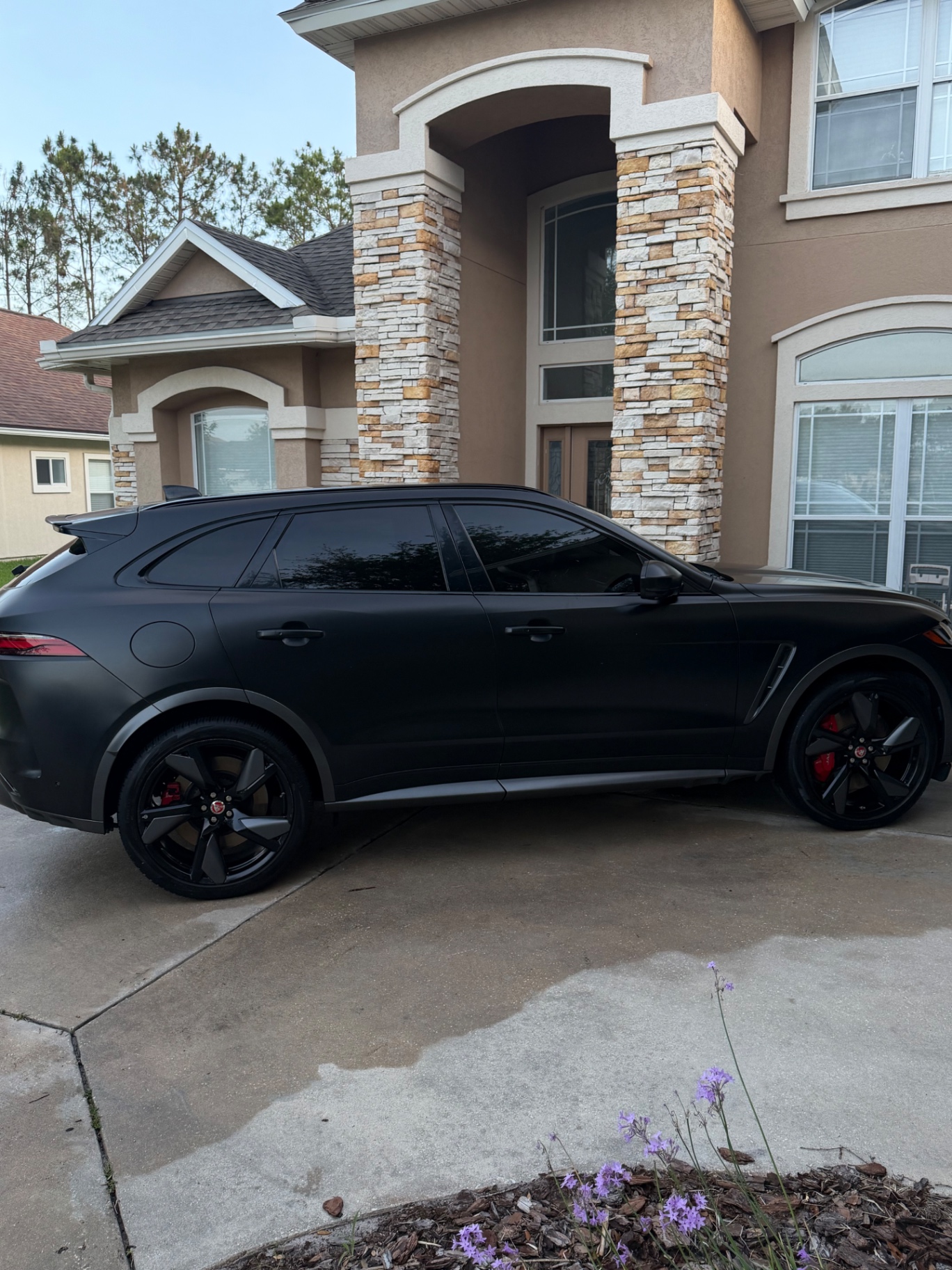 Side profile of matte black Jaguar after detailing service